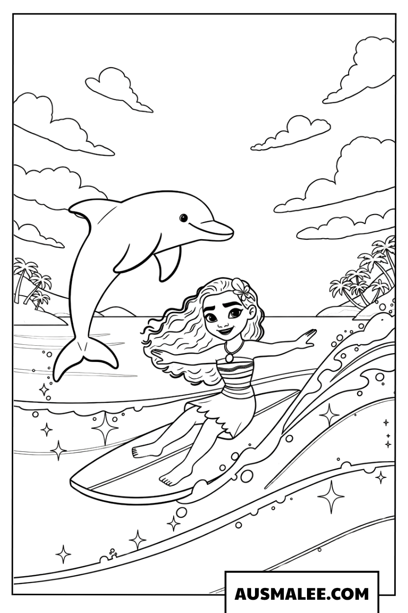 Moana coloring page surfing with dolphins