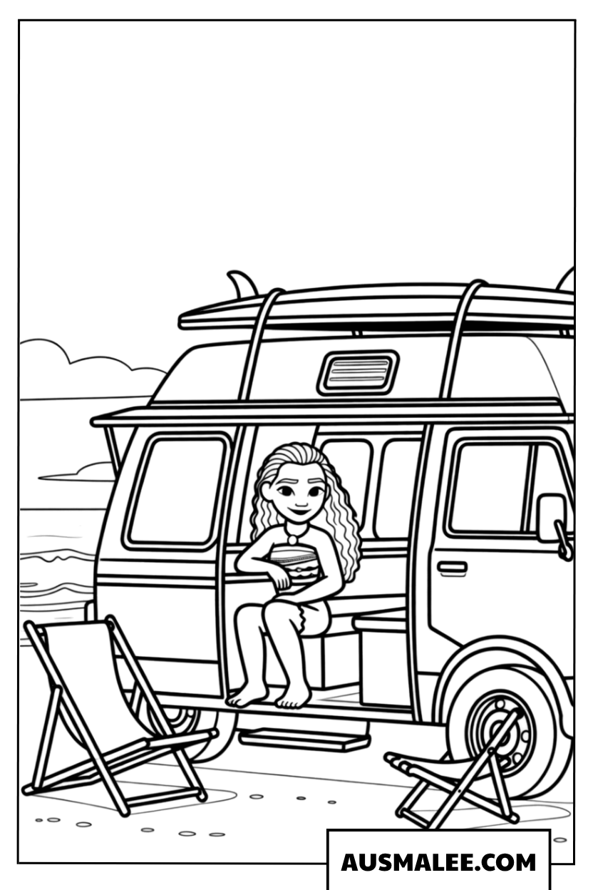 Moana coloring page with beach camper van
