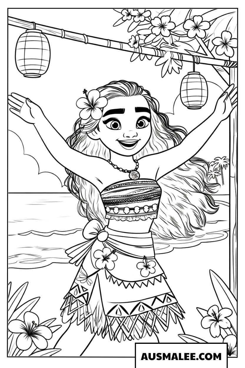 Moana coloring page under lanterns