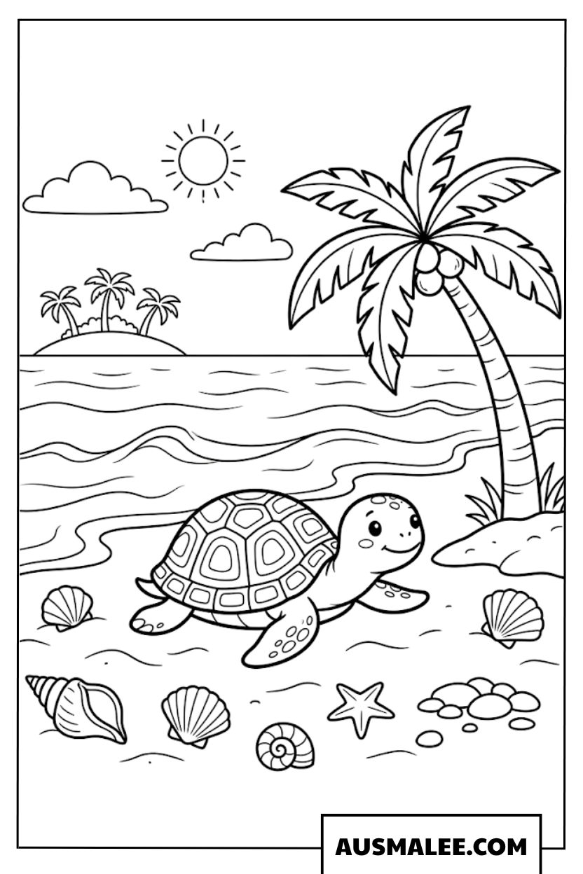Kleurplaat schildpad op het strand