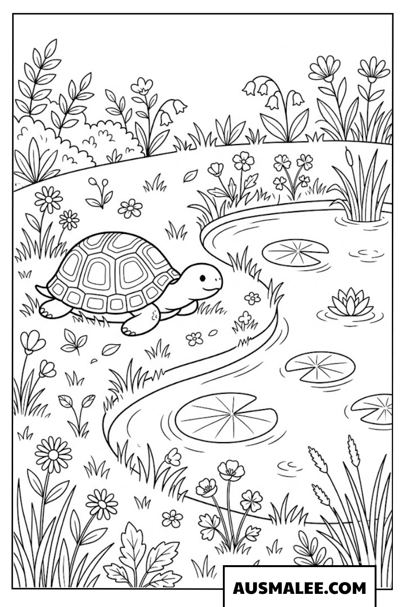 Kleurplaat schildpad bij de vijver