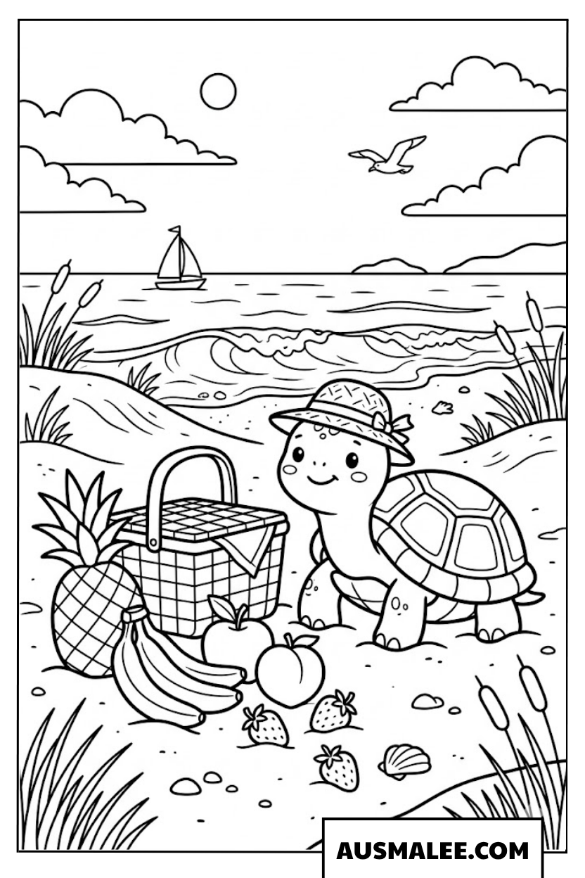 Kleurplaat schildpad bij de picknick