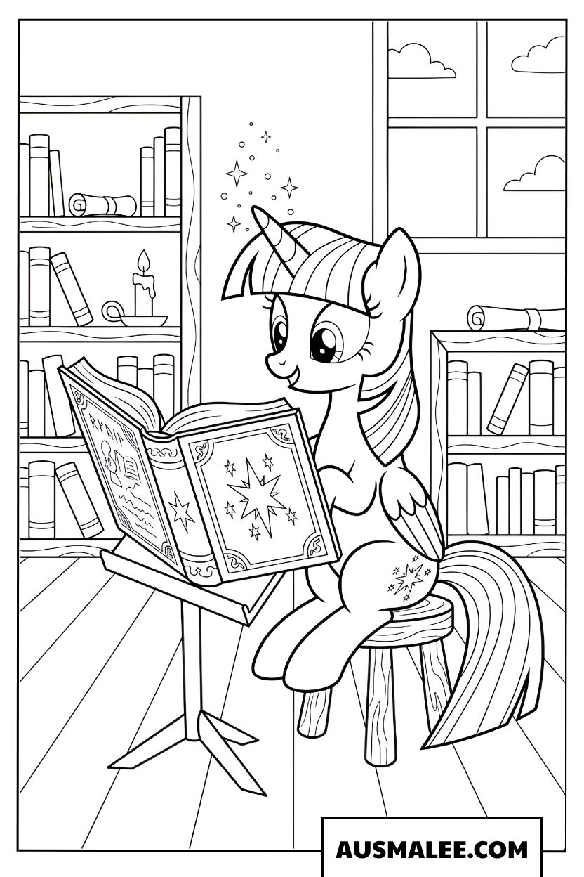 Twilight Sparkle reading coloring page.