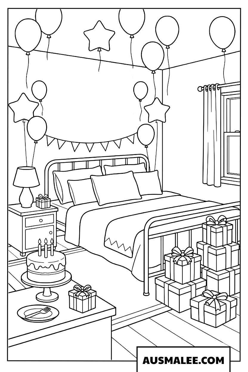Coloriage Surprise dans la chambre d'anniversaire