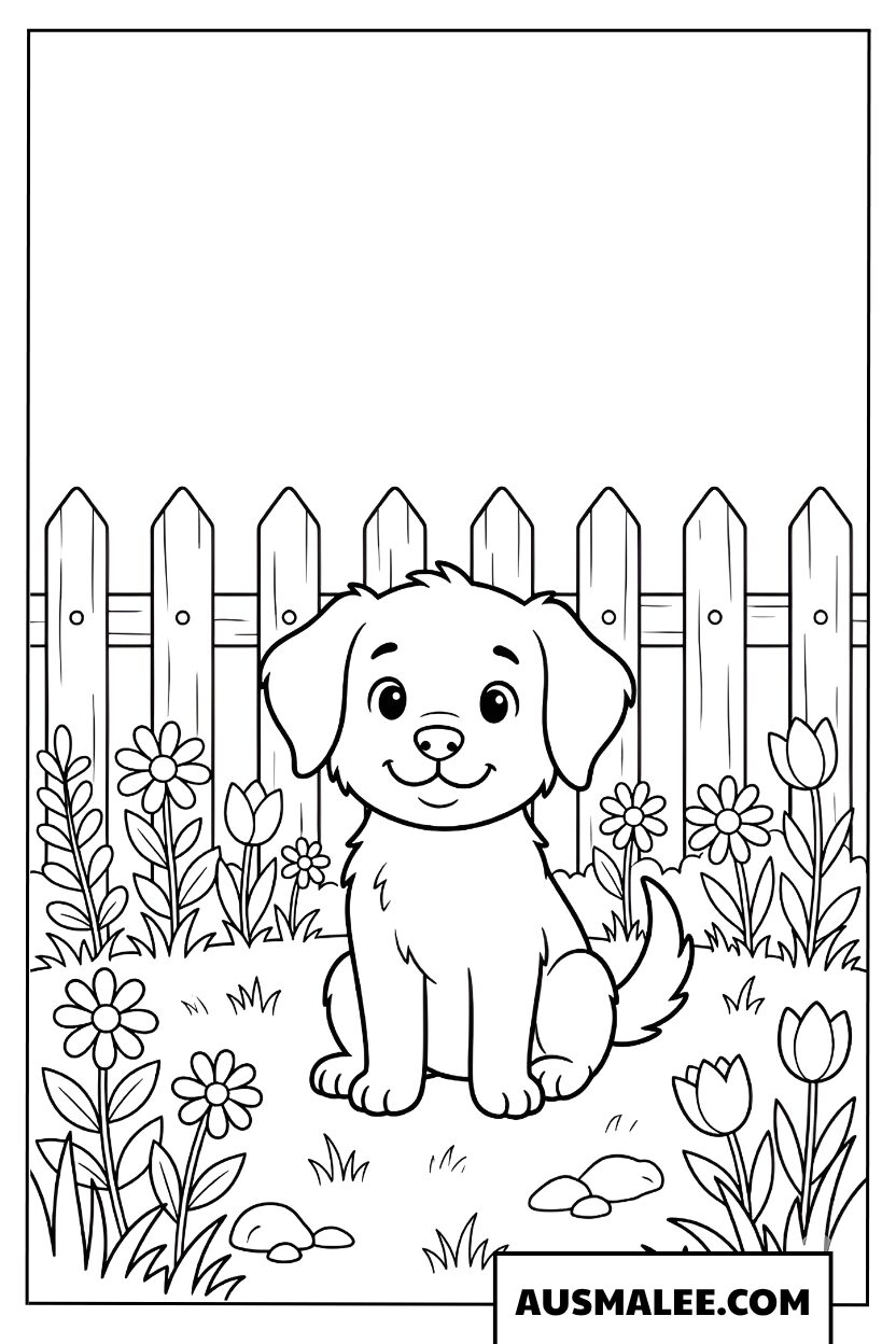 Kleurplaat puppy in de bloementuin