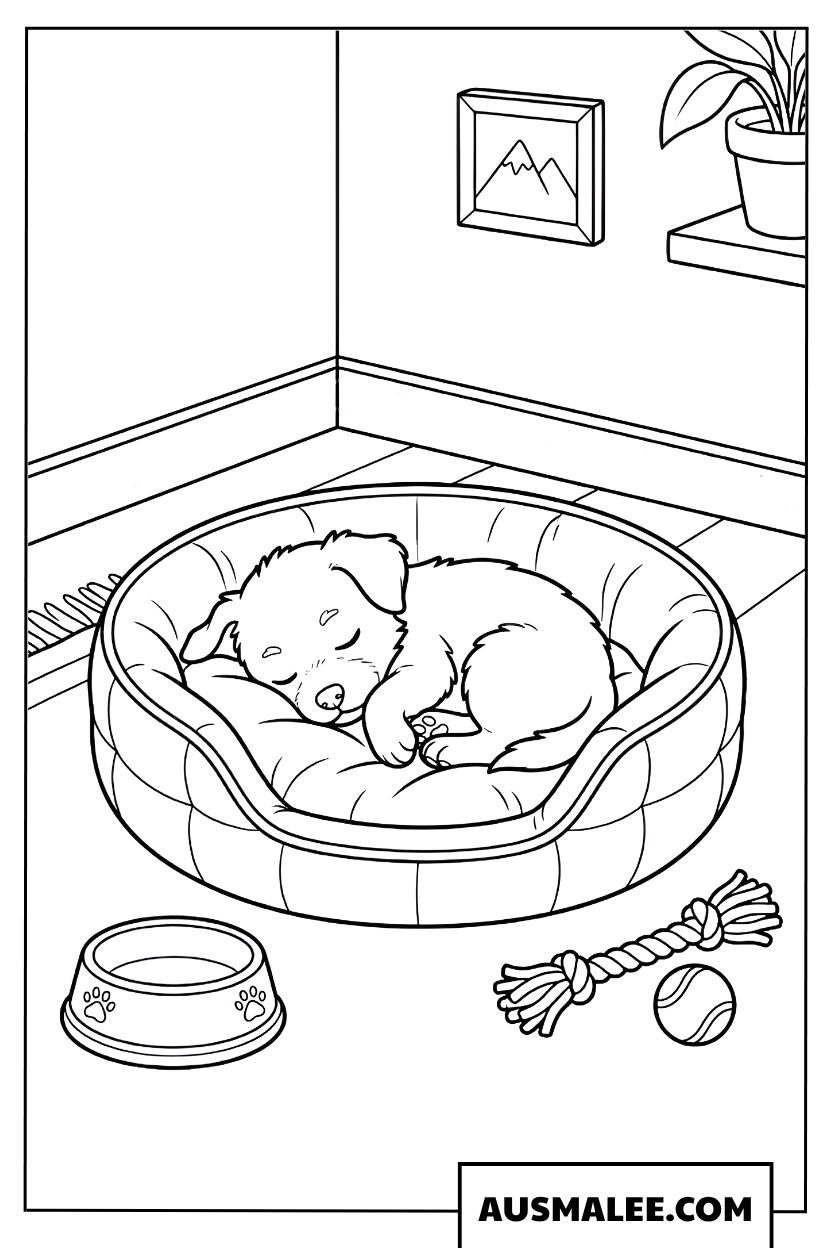 Kleurplaat slapende puppy in mandje