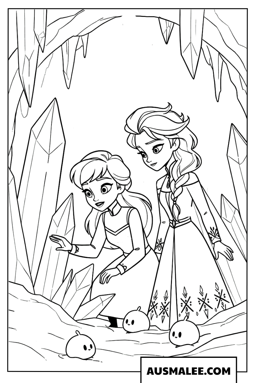 Kleurplaat Anna en Elsa in de ijsgrot