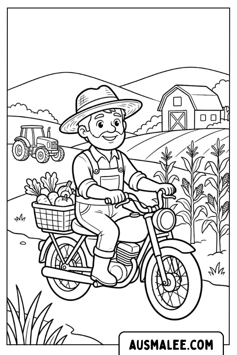 Kleurplaten boer op motorfiets