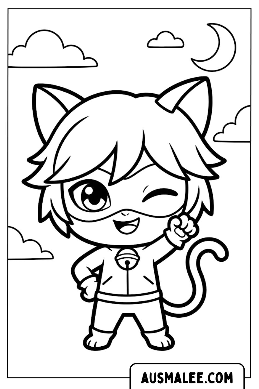 Ausmalbilder Cat Noir Zwinkern Mond