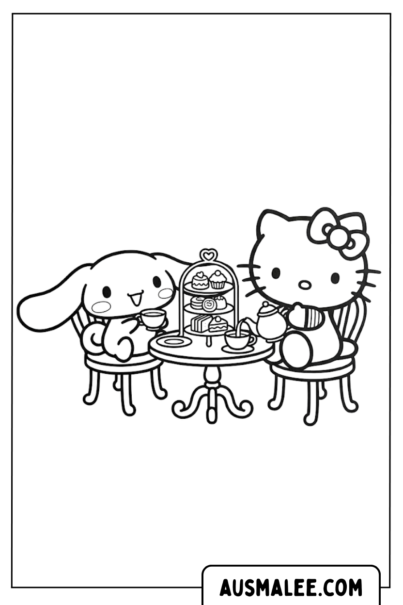 Ausmalbilder Cinnamoroll Und Hello Kitty Teeparty