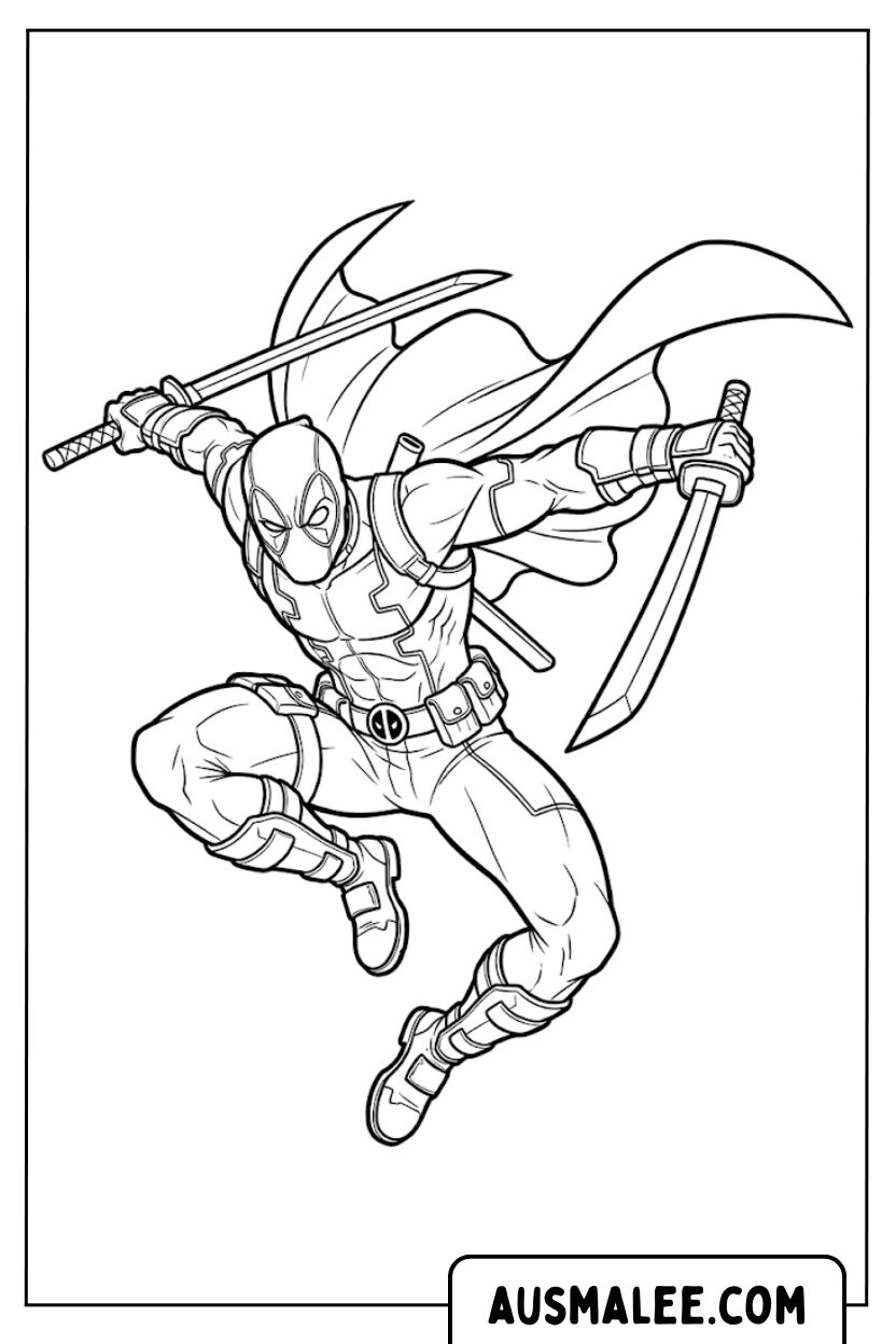 Deadpool zwaardspringende kleurplaten