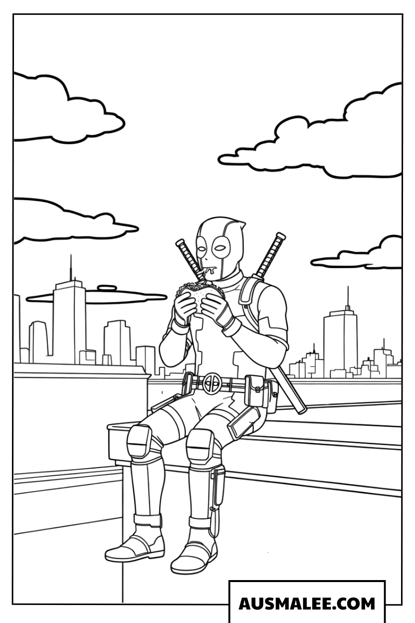 Kleurplaat Deadpool op het dak