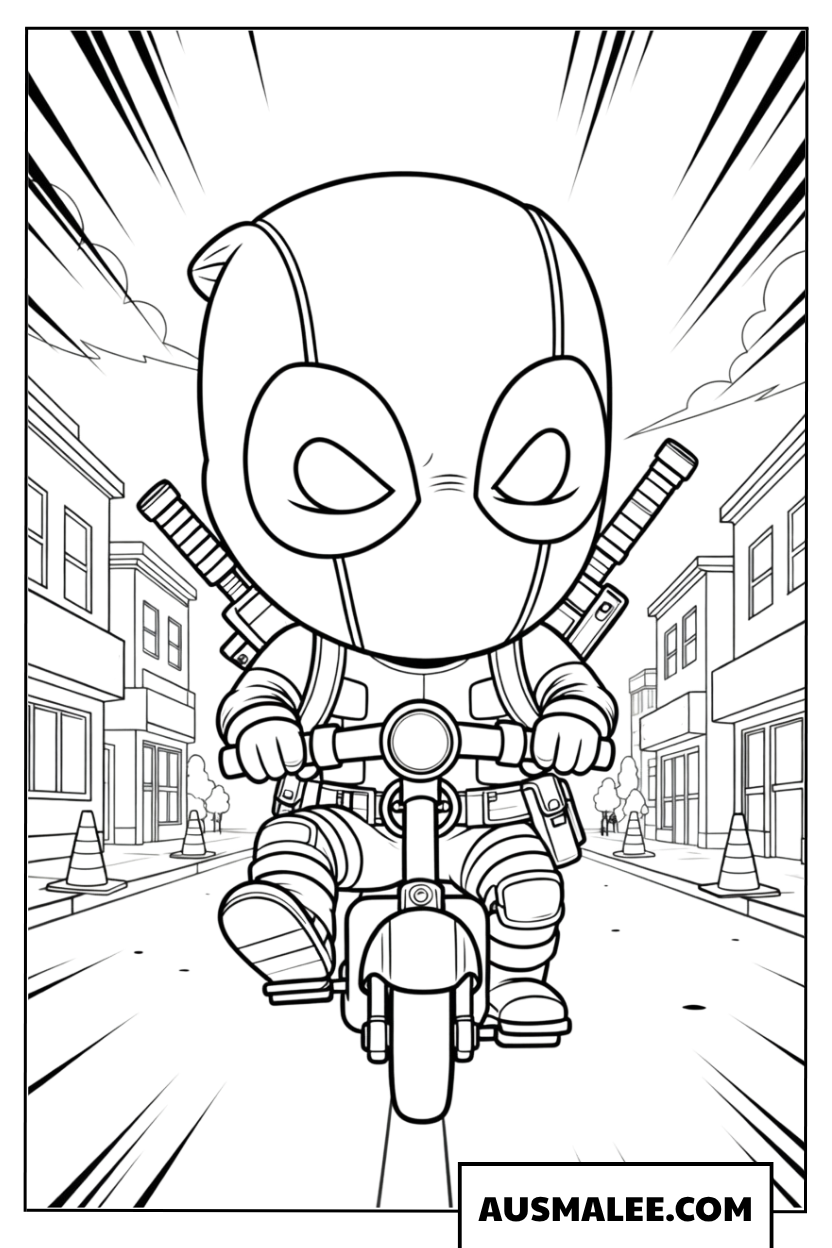 Kleurplaat Deadpool op de motor