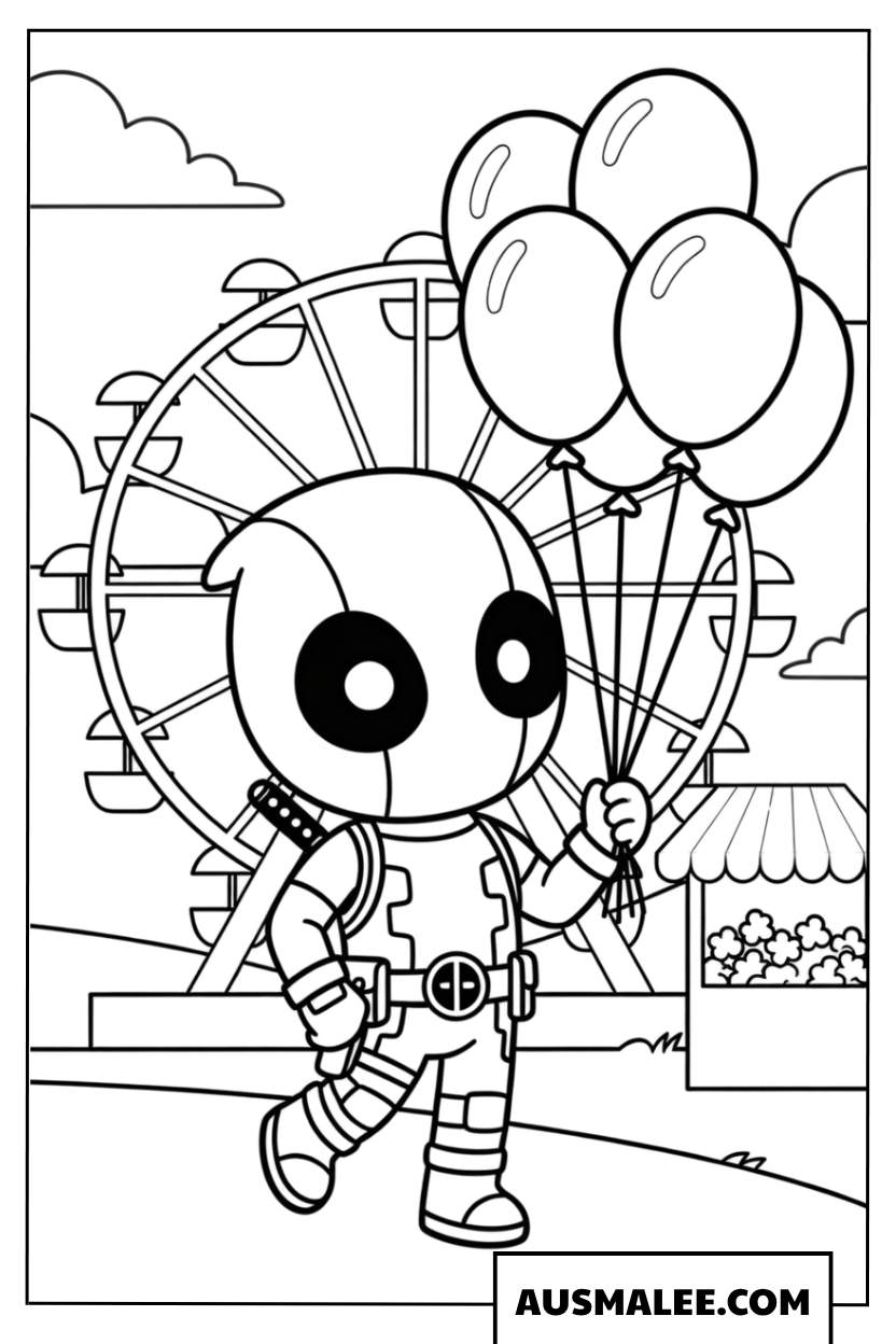 Kleurplaat Deadpool met ballonnen