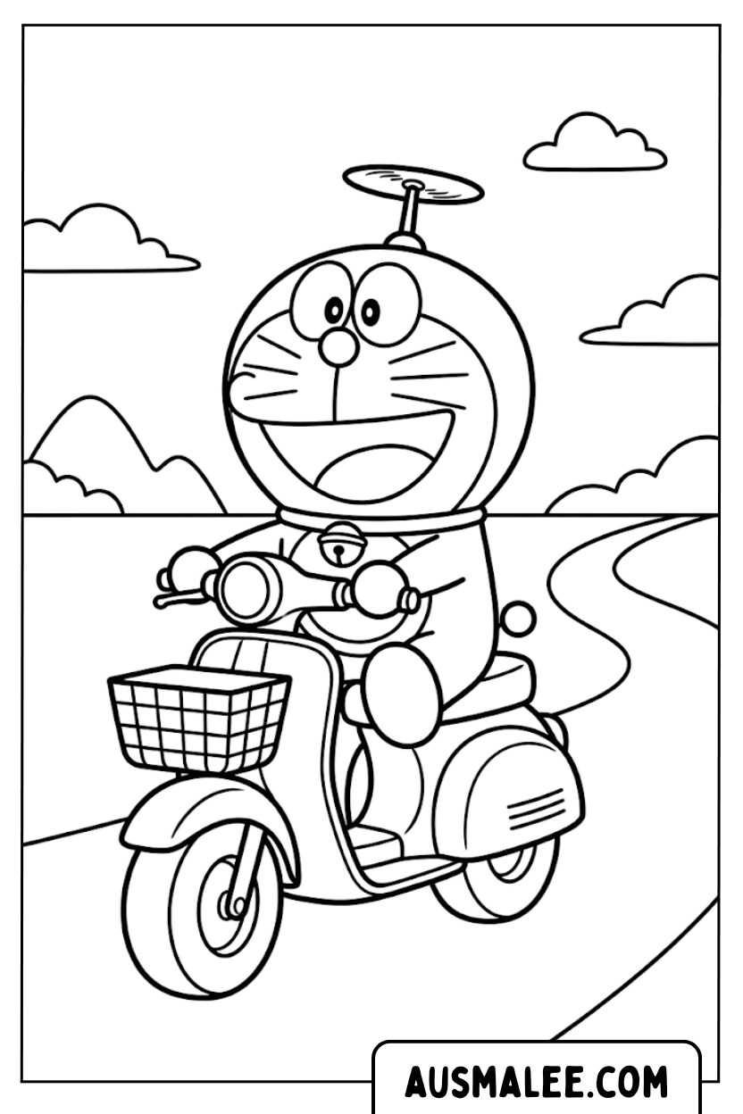 Doraemon op scooter kleurplaten