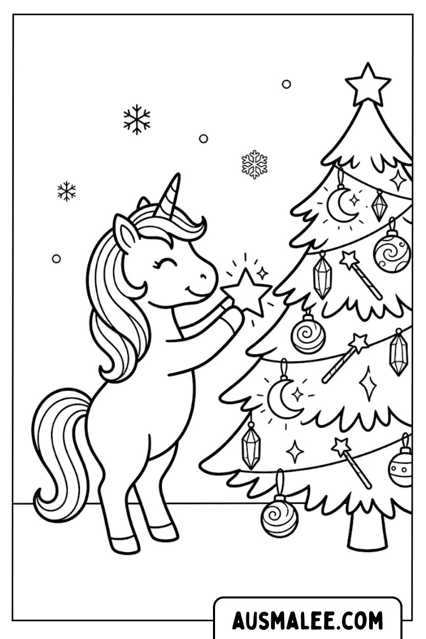 Unicorn Star Christmas Tree Coloring Pages