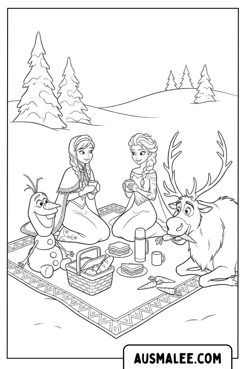 Kleurplaten Elsa Anna Olaf Sven Picknick