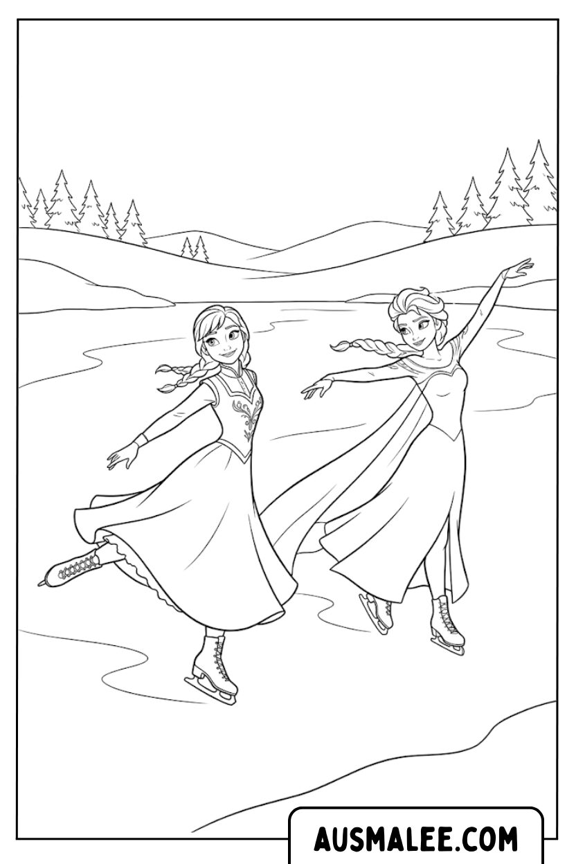 Elsa en Anna schaatsen kleurplaten