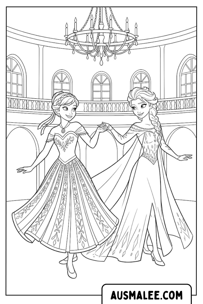 Elsa en Anna dansen ballroom kleurplaten