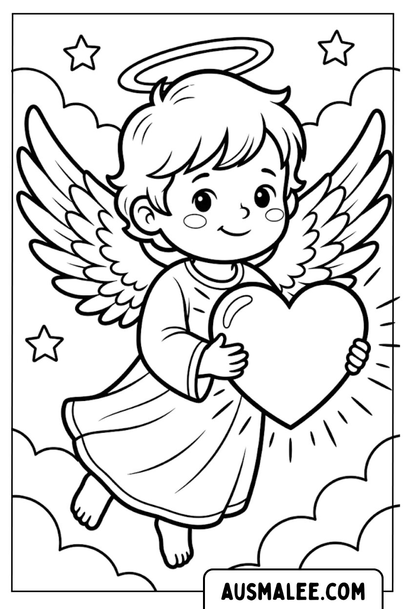 Coloriage ange coeur nuages