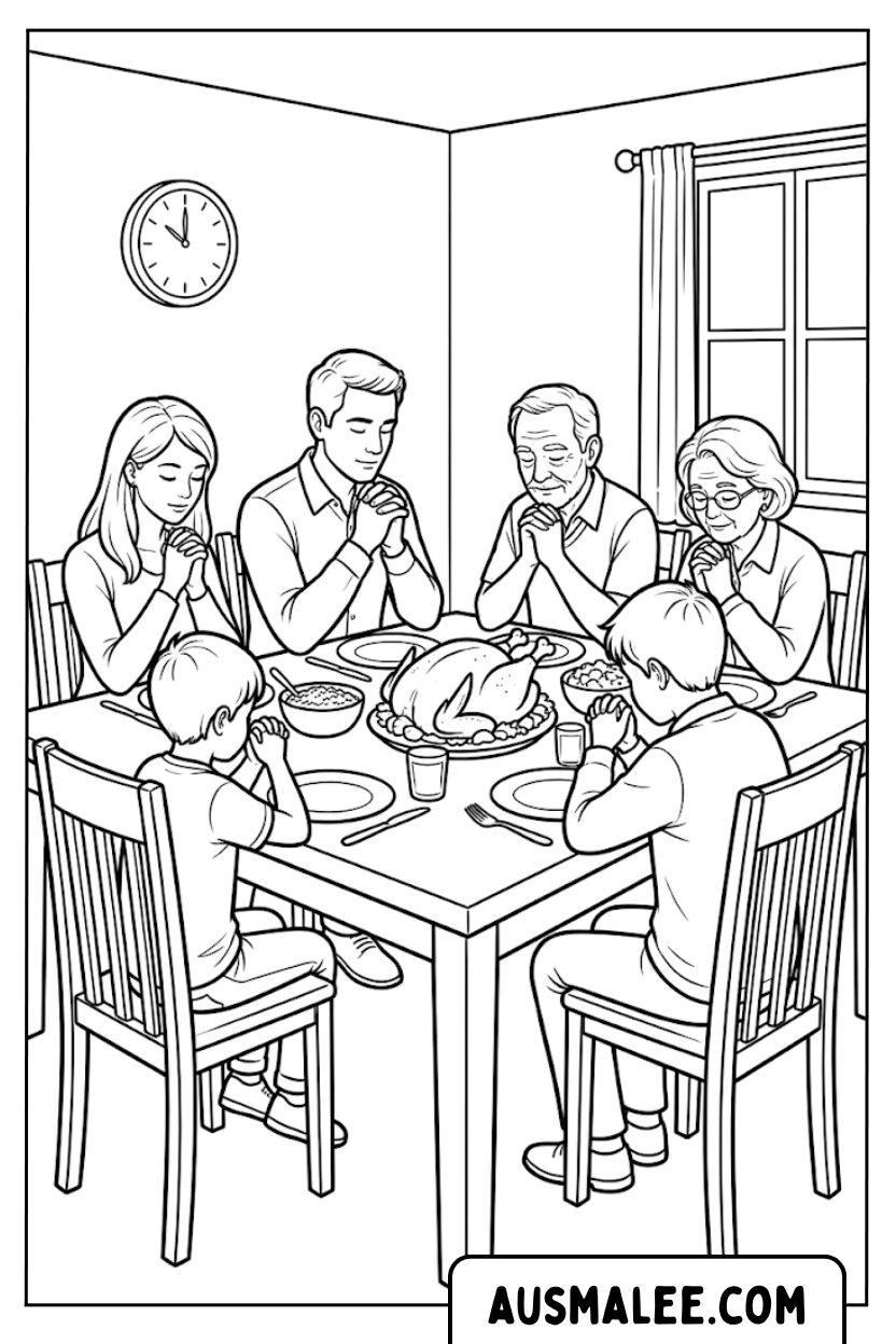 Coloriages Famille priant pour Thanksgiving