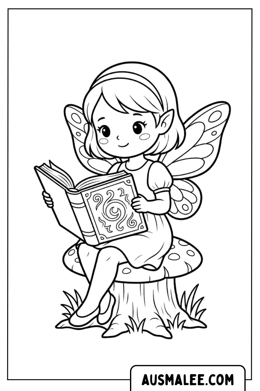 Coloring pages fairy reading book mushroom