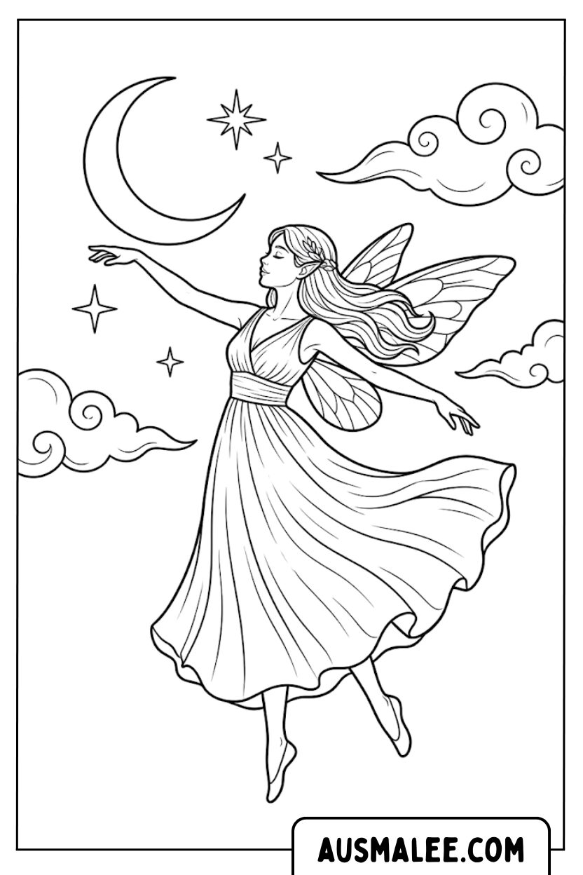 Coloring pages fairy moon night sky