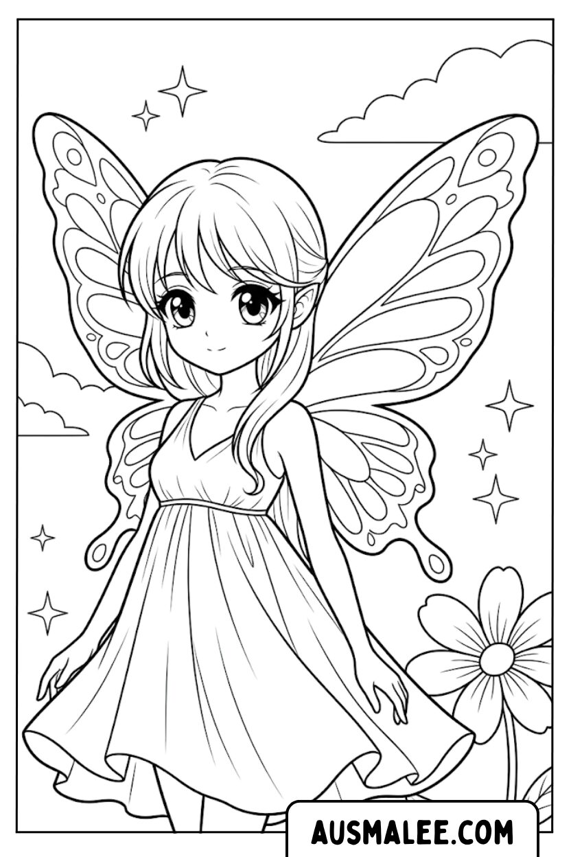 Coloring pages fairy standing flowers stars