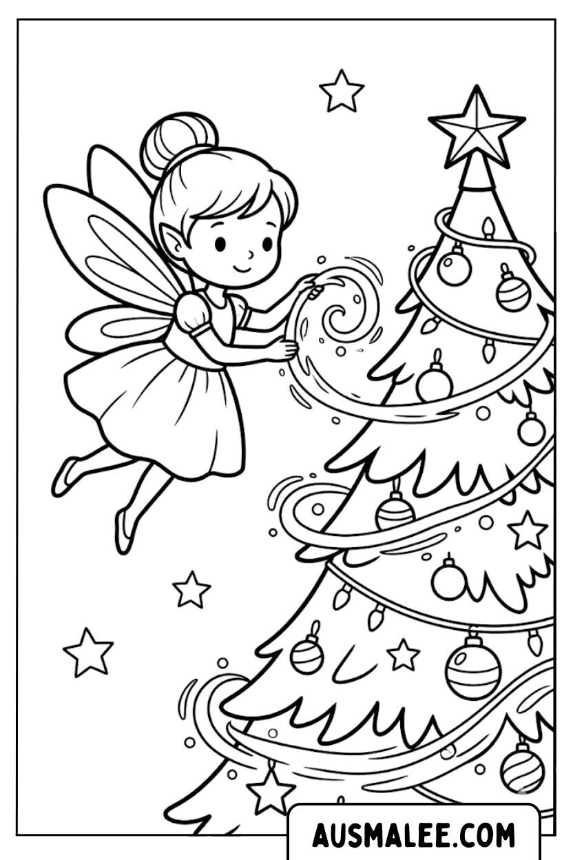 Coloring pages fairy conjures up a Christmas tree