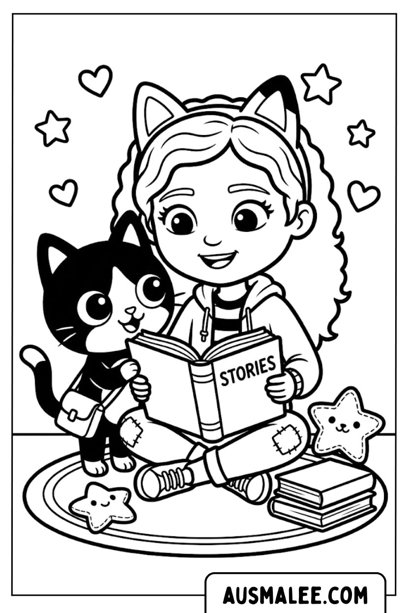 Coloriages Gabby Cat lisant des pages à colorier