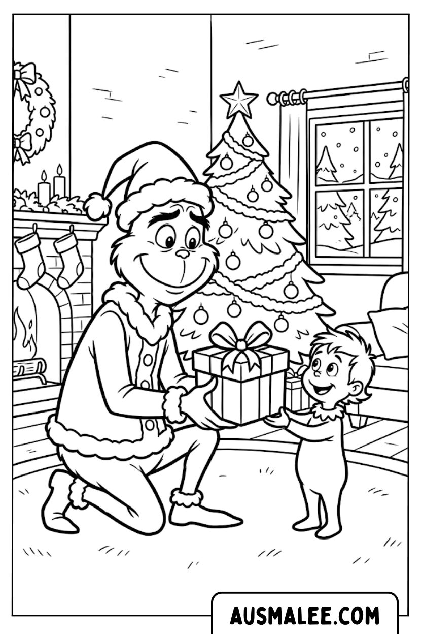 Grinch kleurplaten geven aan Cindy Lou
