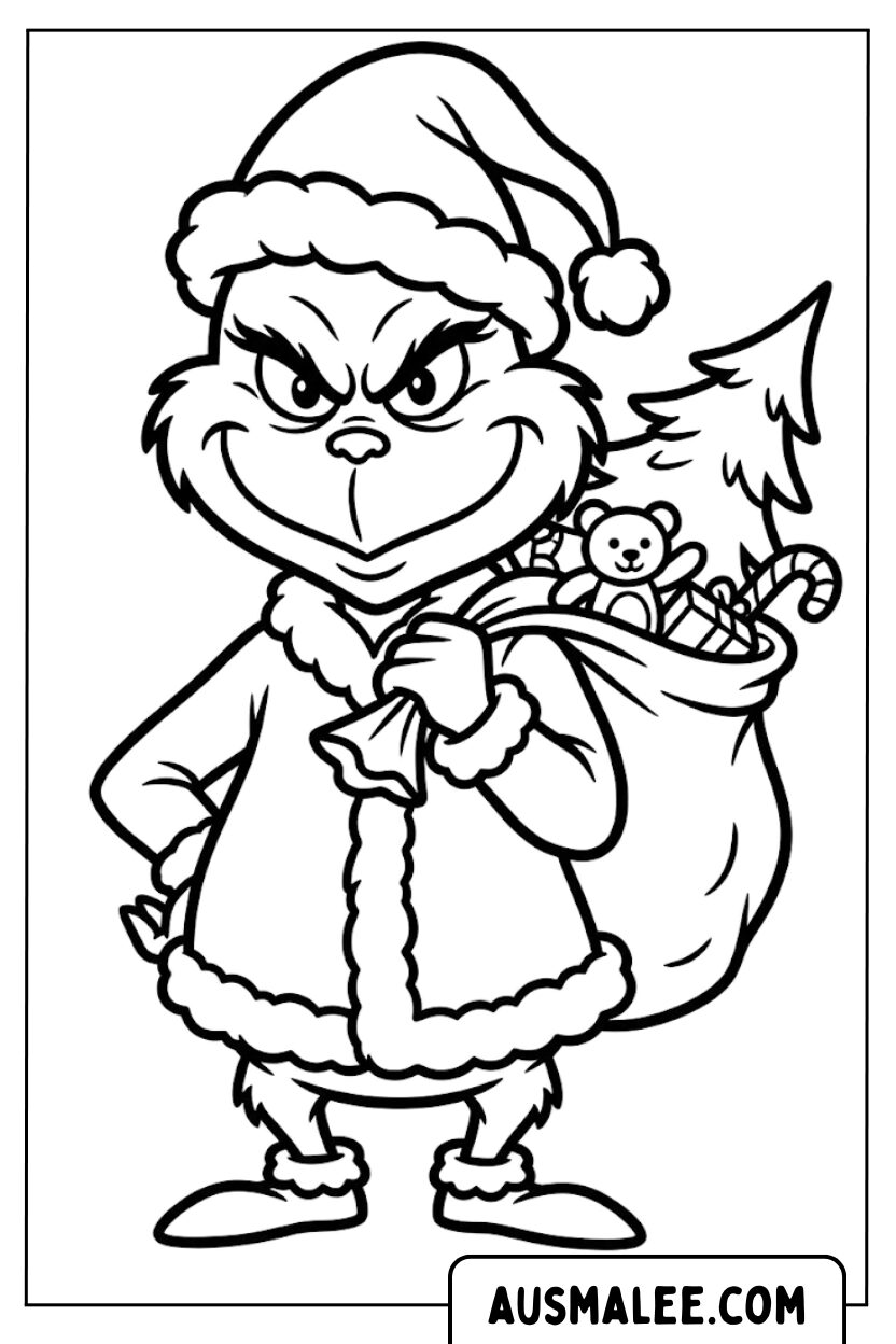 Kleurplaten Grinch met speelgoedzak