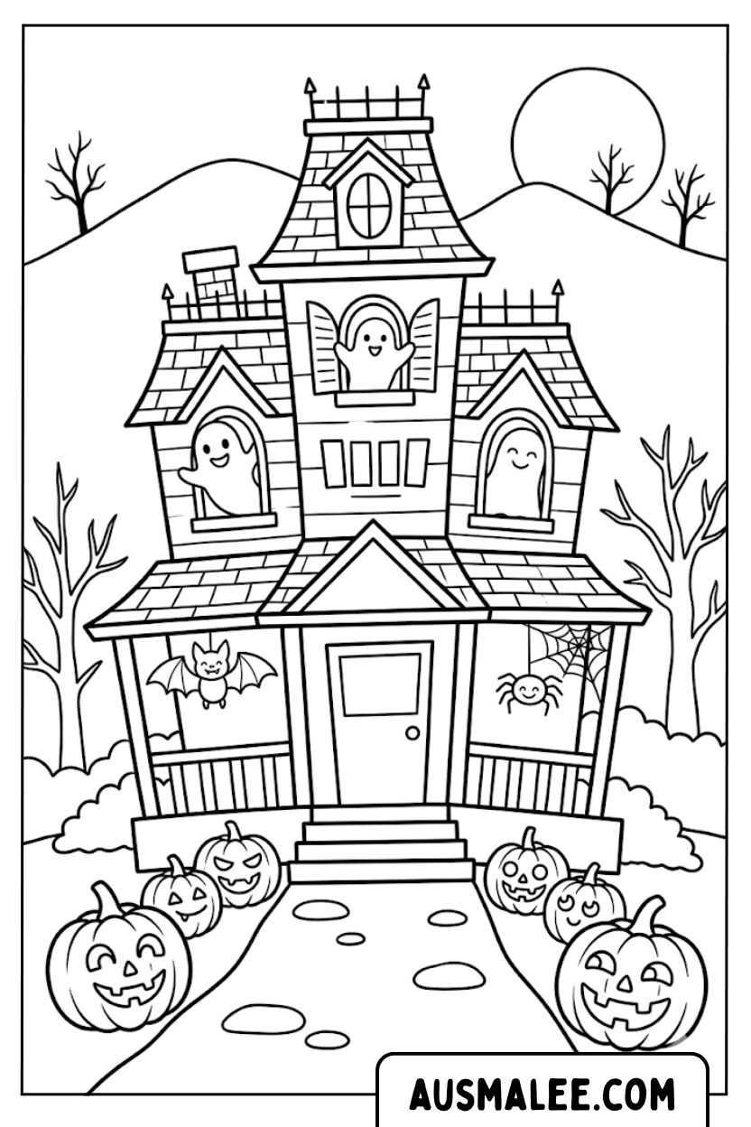 Halloween spookhuis kleurplaten