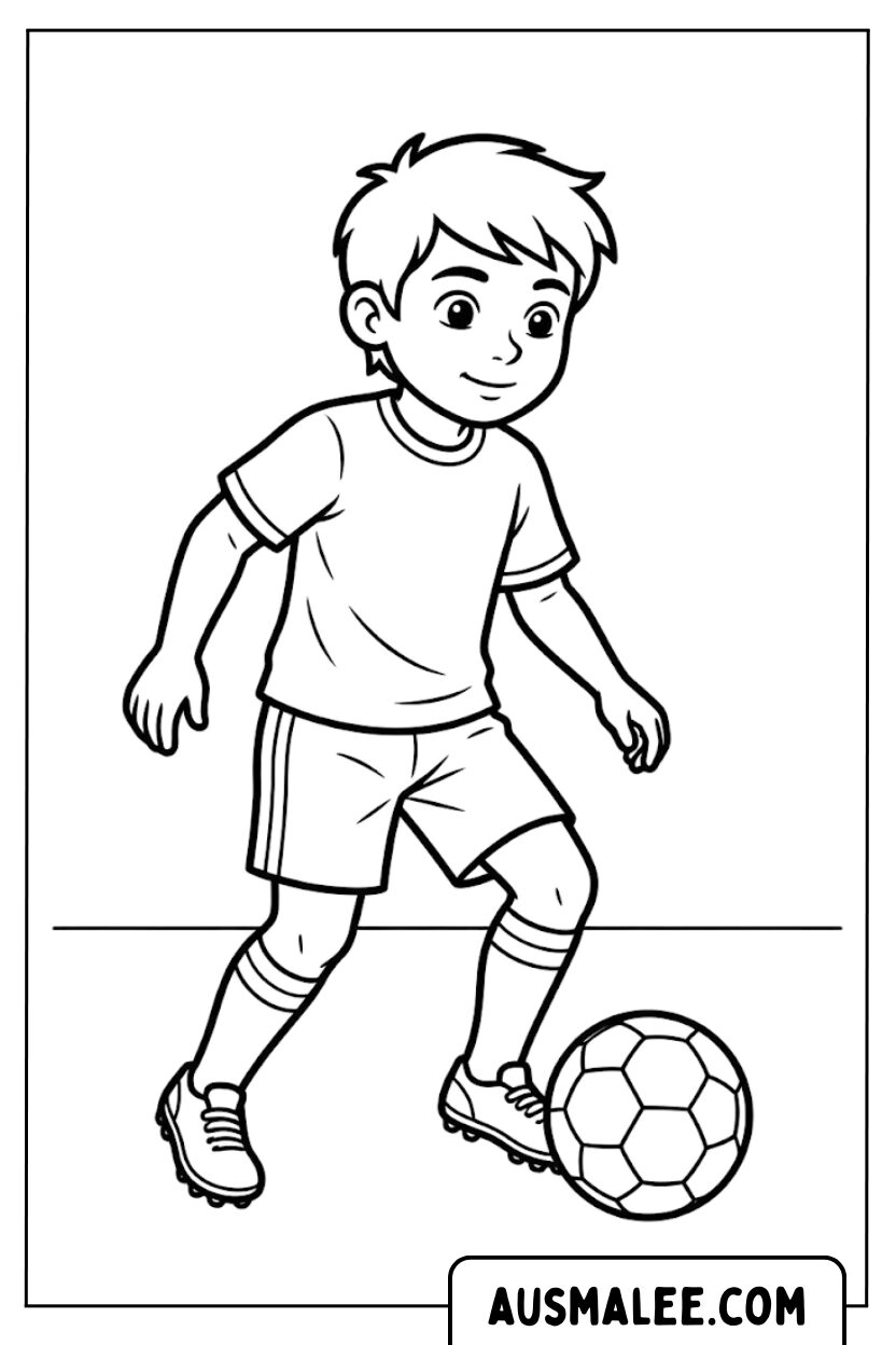 Coloring pages boy soccer dribbling