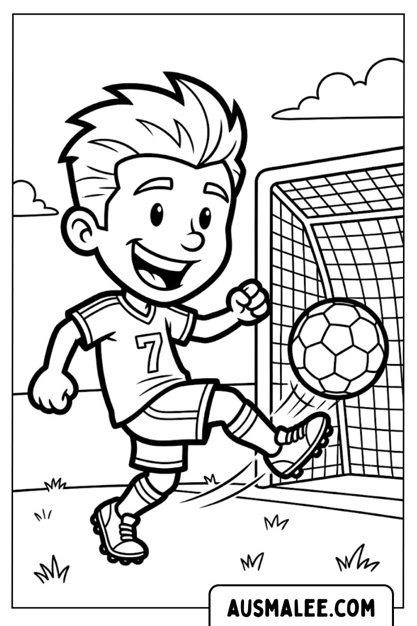 Coloring pages boy soccer goal