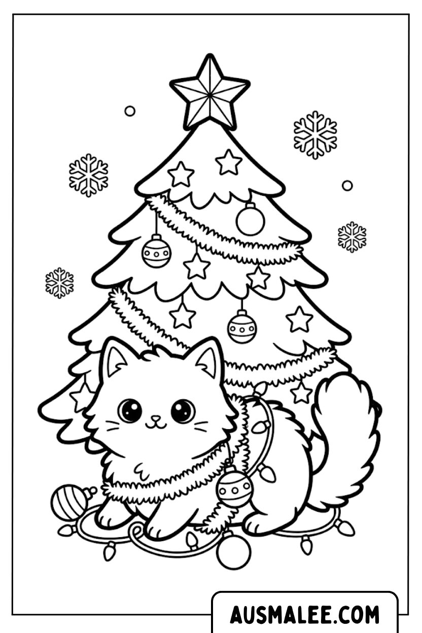 Cat Under Christmas Tree Coloring Pages
