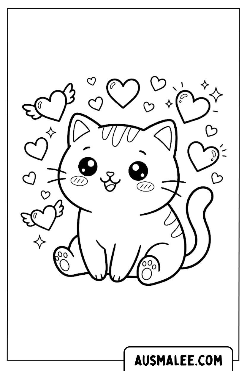 Coloriages de chats avec beaucoup de coeurs