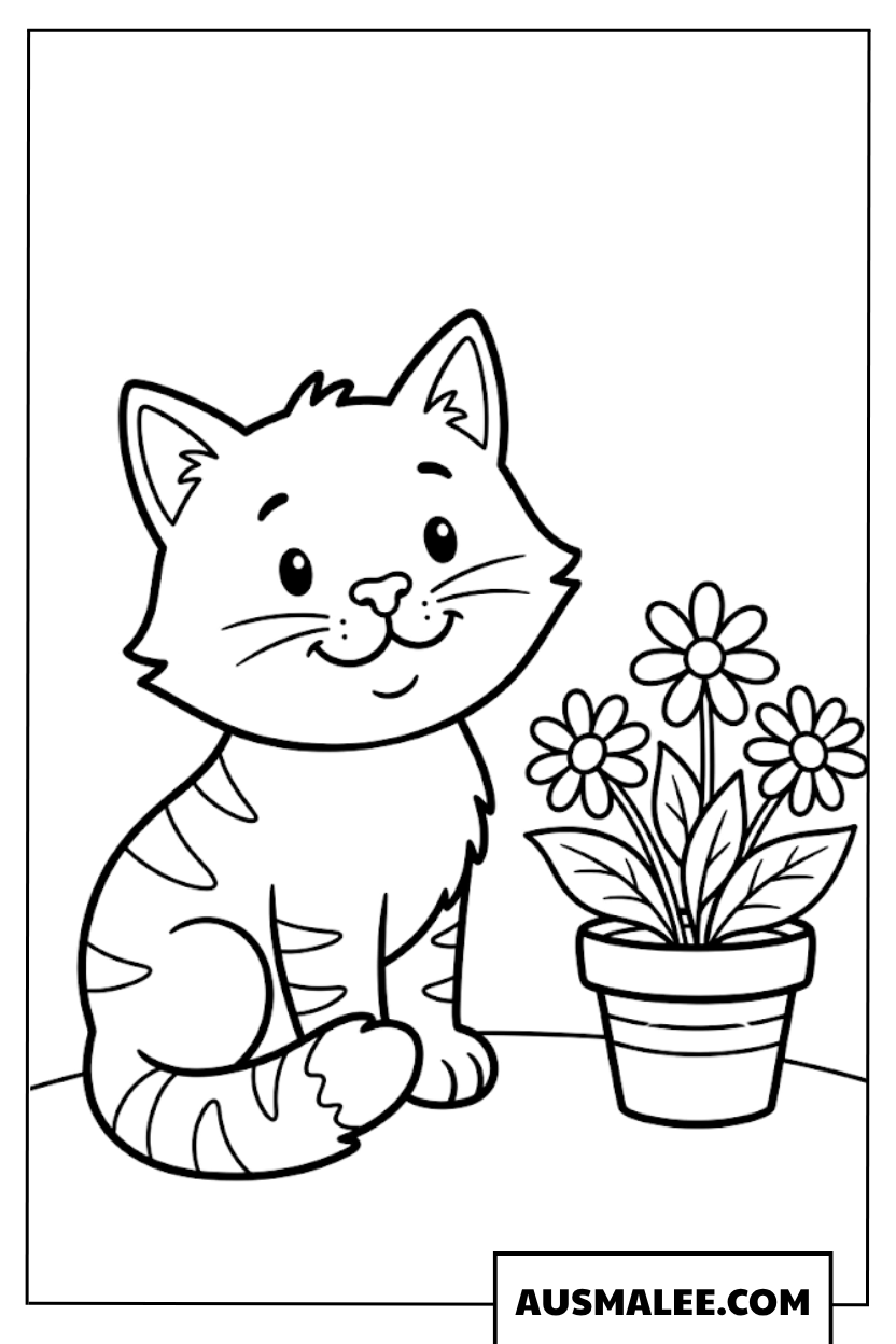 Coloriage Chat près d'un pot de fleurs