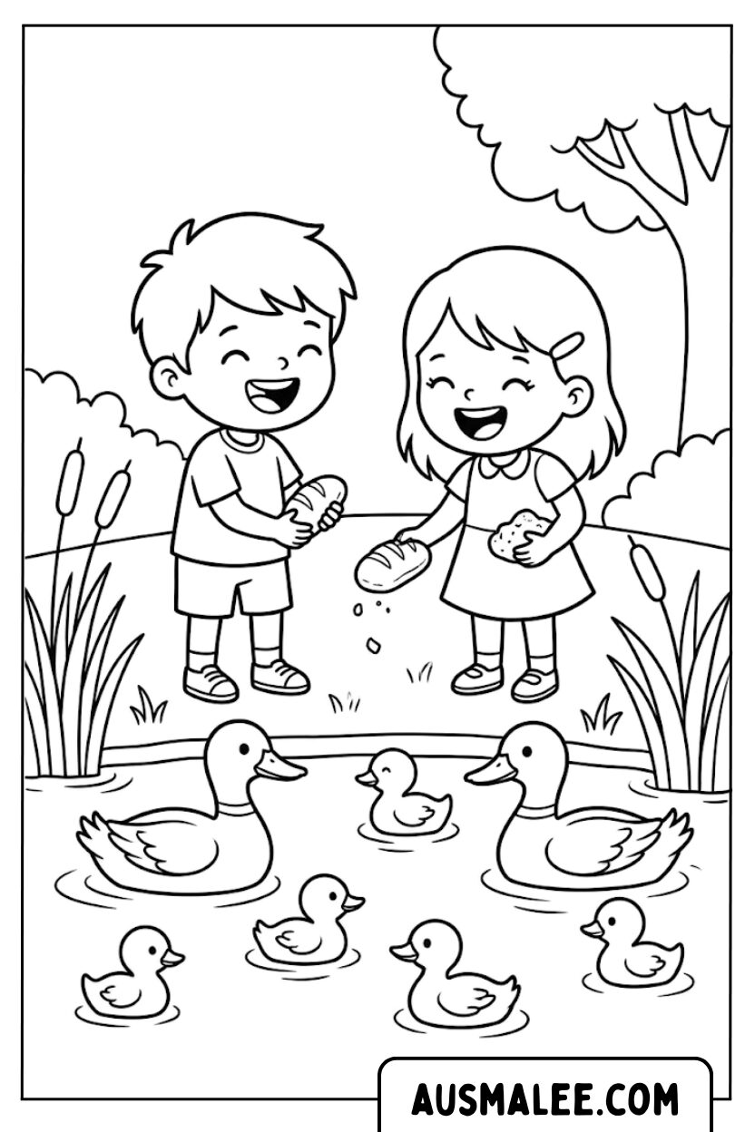 Coloriages pour enfants nourrissant des canards