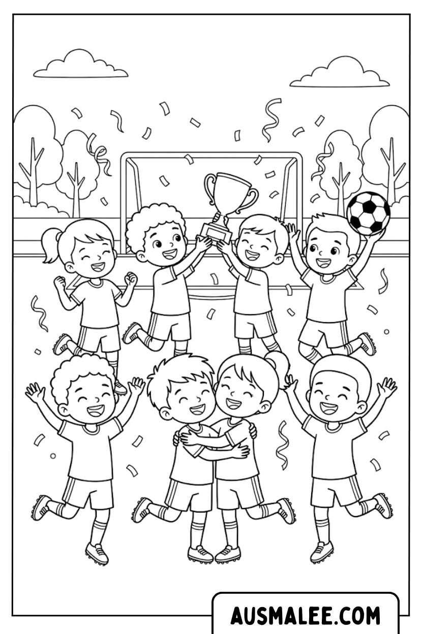 Coloring pages children's soccer cup celebration