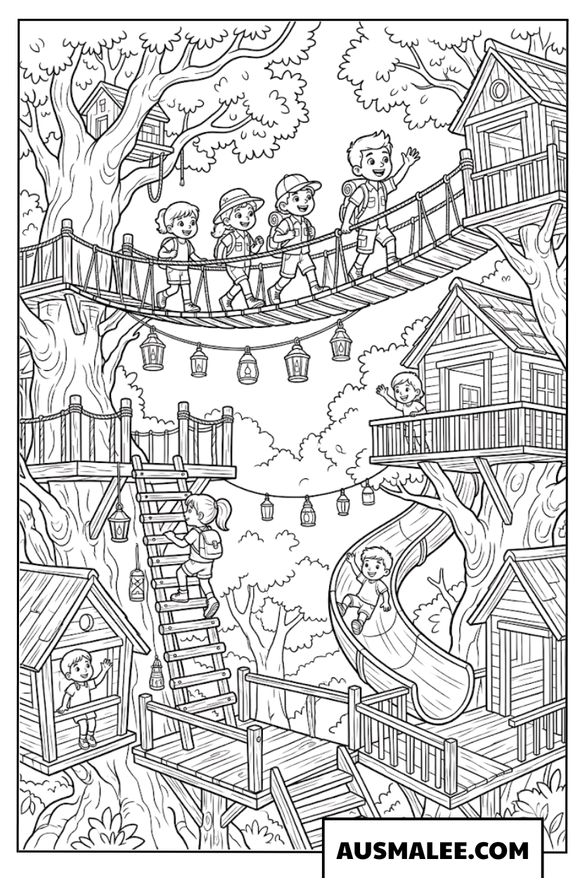 Coloriage Enfants explorent la cabane dans les arbres