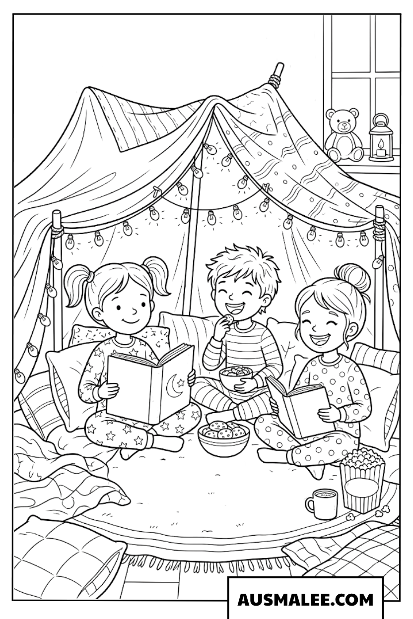Coloriage Enfants lisent dans une tente de jeu