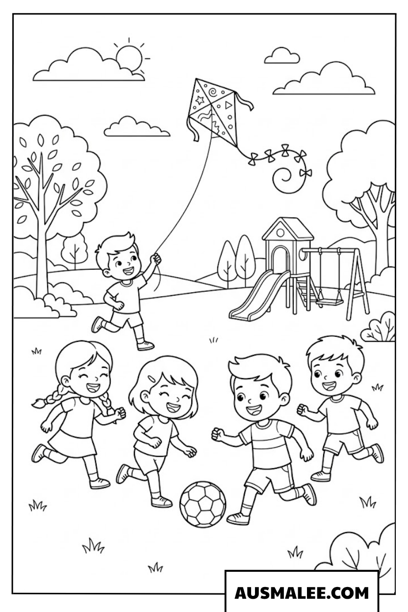 Coloriage Enfants jouent au cerf-volant et au football