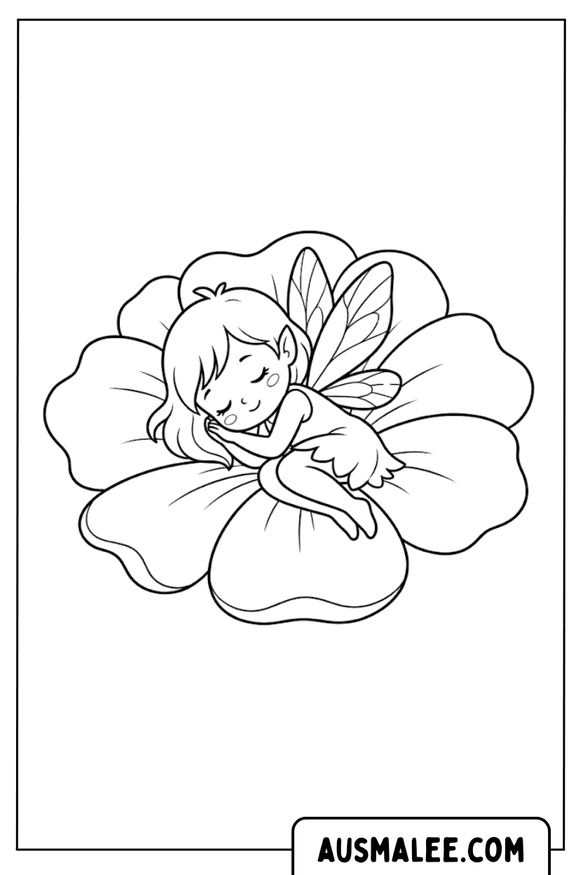 Coloring pages Little Fairy Sleeping Flower