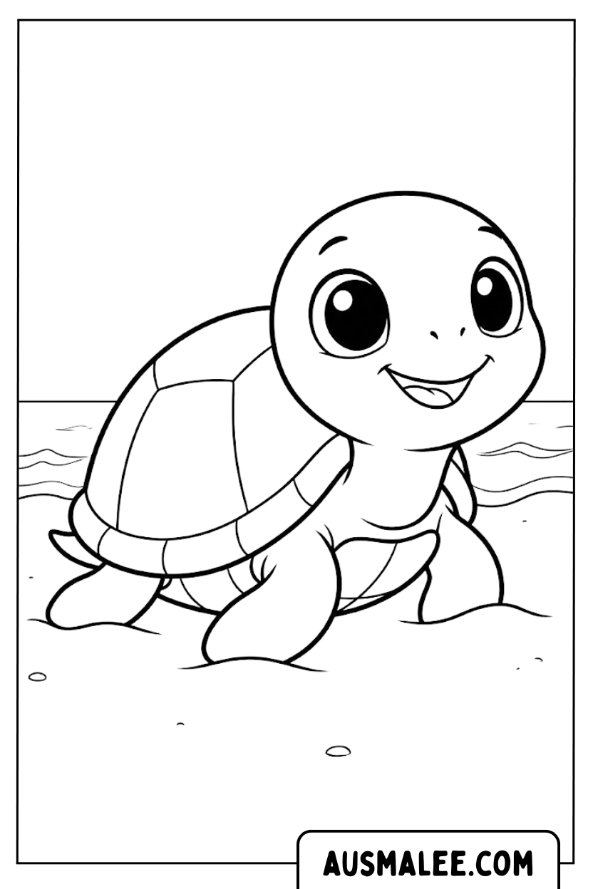 Kleurplaten Kleine schildpad op het strand