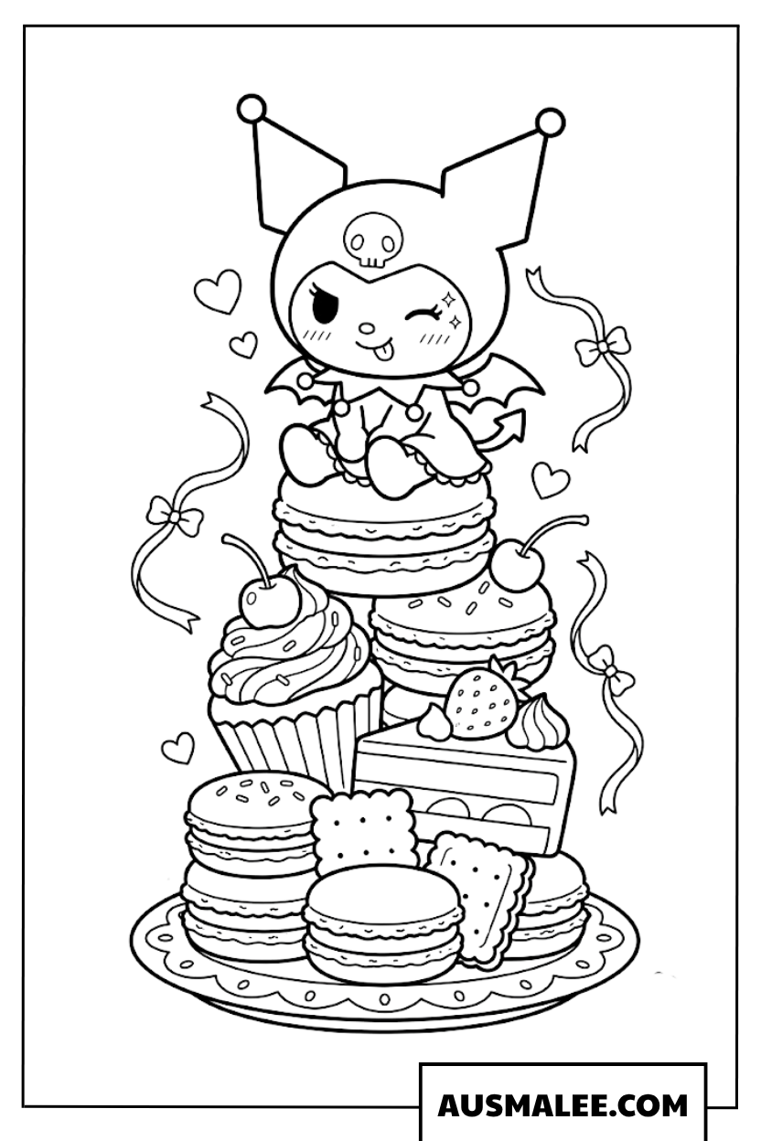 Kuromi on a pastry tower coloring page