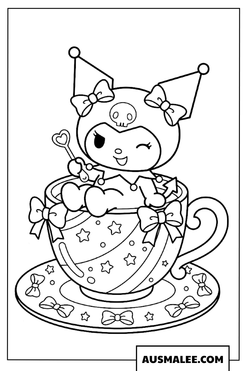 Kuromi in a teacup coloring page
