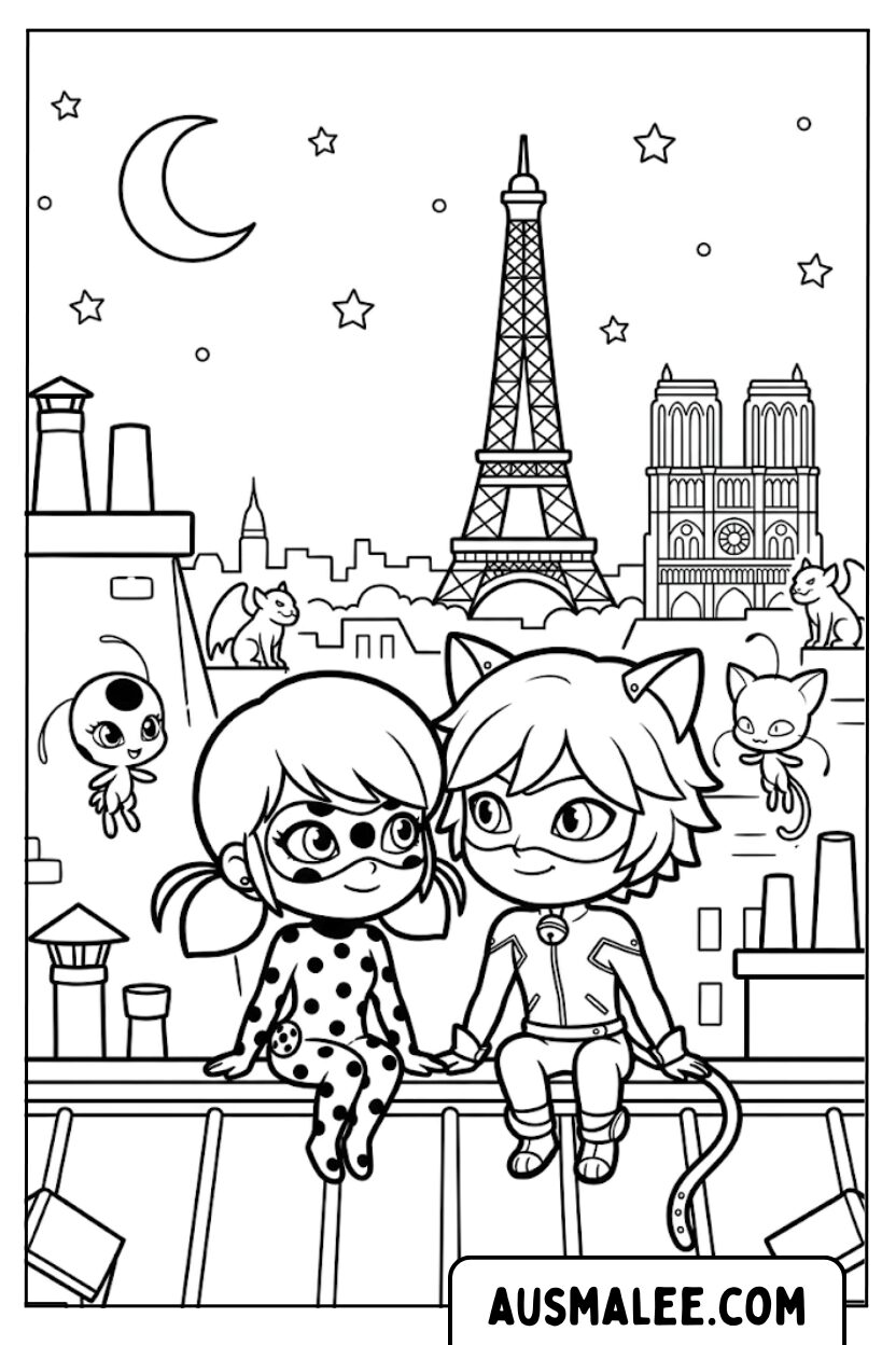 Ausmalbilder Ladybug Cat Noir Eiffelturm