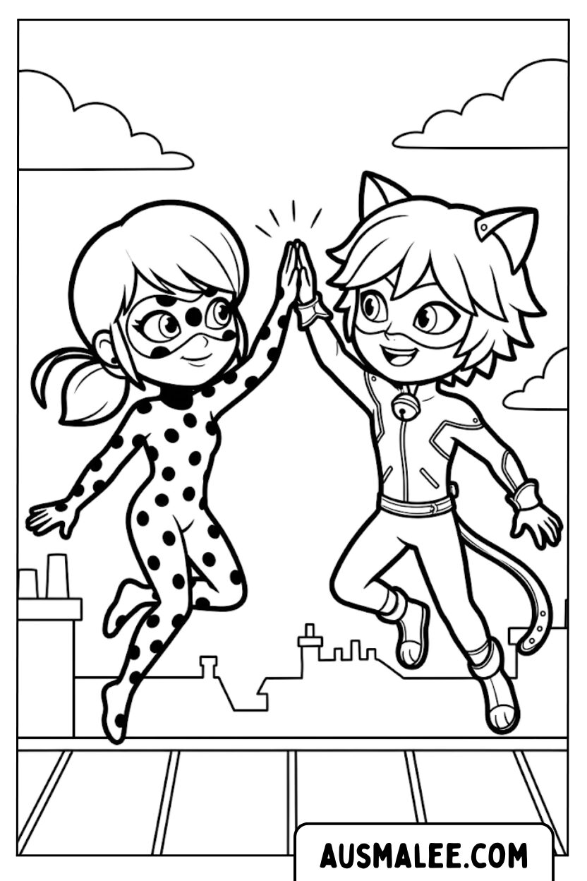 Ausmalbilder Ladybug Cat Noir High Five