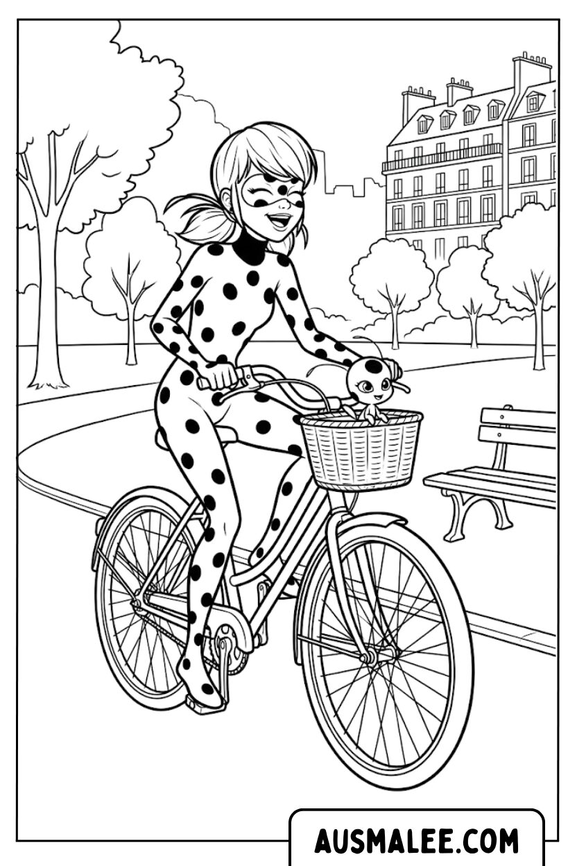 Ladybug riding a bike coloring page